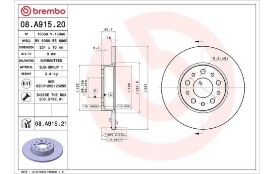Disque de frein COATED DISC LINE 08.A915.21 Brembo, Image 3