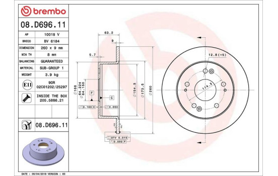 Disque de frein COATED DISC LINE 08.D696.11 Brembo, Image 2