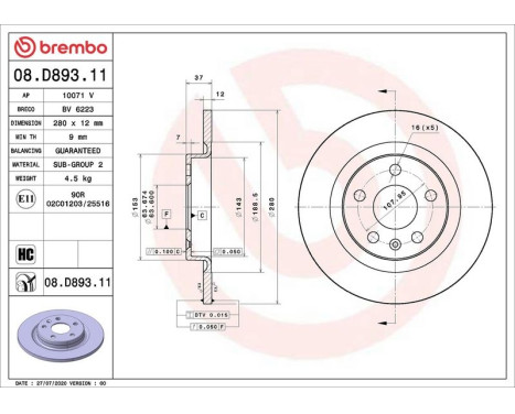 Disque de frein COATED DISC LINE 08.D893.11 Brembo