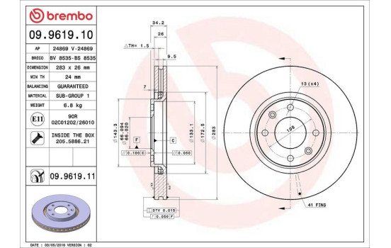 Disque de frein COATED DISC LINE 09.9619.11 Brembo, Image 2