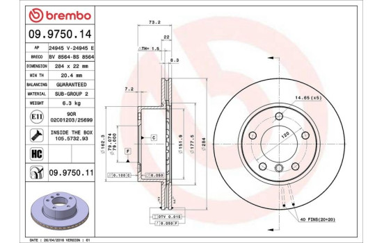 Disque de frein COATED DISC LINE 09.9750.11 Brembo, Image 3