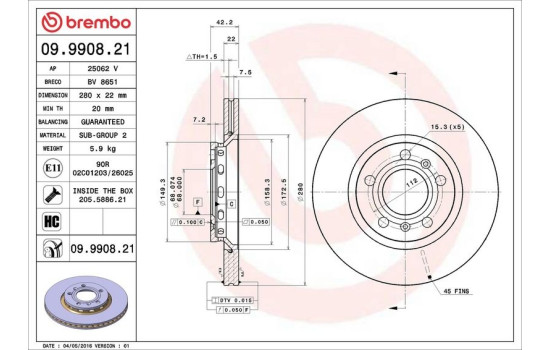 Disque de frein COATED DISC LINE 09.9908.21 Brembo, Image 3