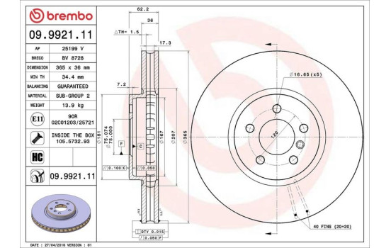 Disque de frein COATED DISC LINE 09.9921.11 Brembo, Image 2
