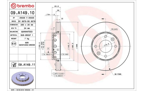 Disque de frein COATED DISC LINE 09.A149.11 Brembo, Image 3
