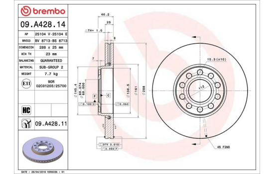 Disque de frein COATED DISC LINE 09.A428.11 Brembo, Image 3