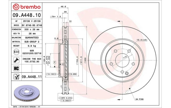 Disque de frein COATED DISC LINE 09.A448.11 Brembo, Image 2