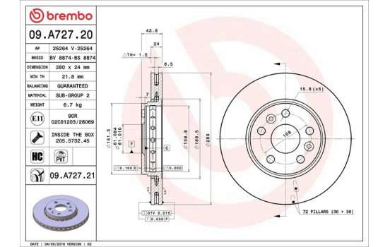 Disque de frein COATED DISC LINE 09.A727.21 Brembo, Image 3