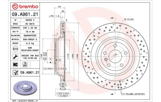 Disque de frein COATED DISC LINE 09.A961.21 Brembo, Image 3