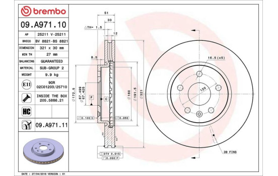 Disque de frein COATED DISC LINE 09.A971.11 Brembo, Image 2