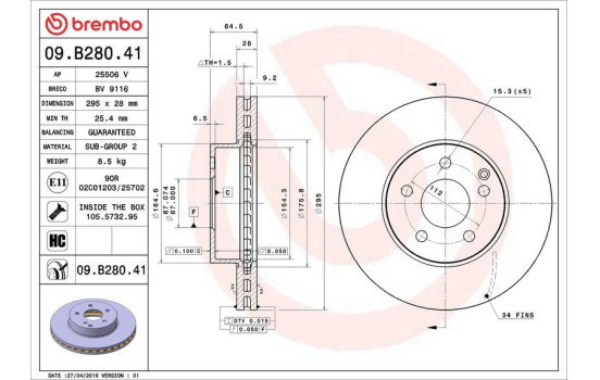 Disque de frein COATED DISC LINE 09.B280.41 Brembo, Image 3