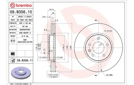 Disque de frein COATED DISC LINE 09.B356.11 Brembo, Image 2