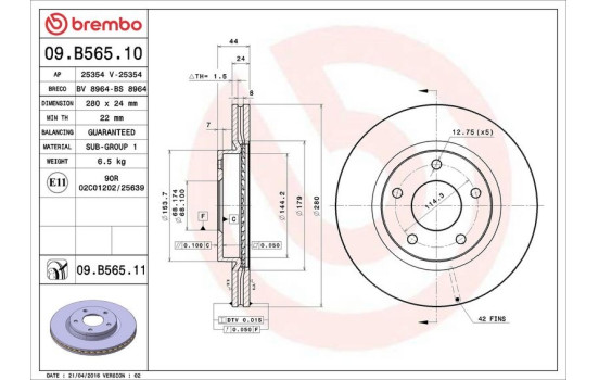Disque de frein COATED DISC LINE 09.B565.11 Brembo, Image 2