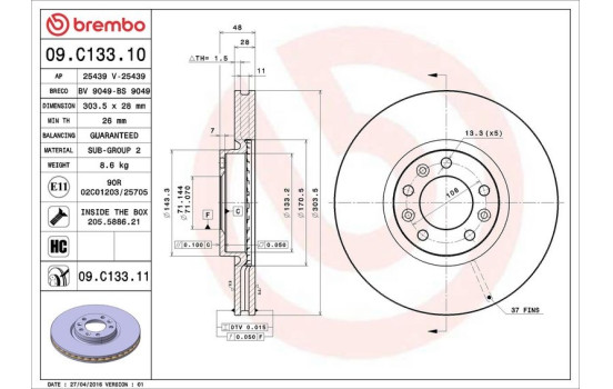 Disque de frein COATED DISC LINE 09.C133.11 Brembo, Image 2
