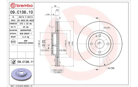 Disque de frein COATED DISC LINE 09.C136.11 Brembo, Image 3