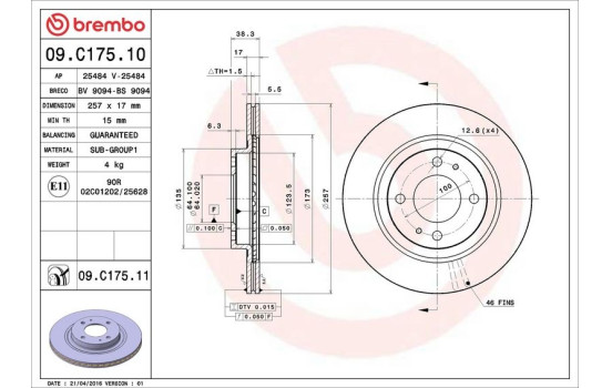 Disque de frein COATED DISC LINE 09.C175.11 Brembo, Image 3