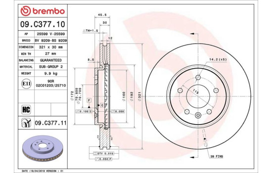 Disque de frein COATED DISC LINE 09.C377.11 Brembo, Image 2