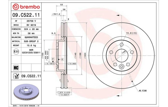Disque de frein COATED DISC LINE 09.C522.11 Brembo