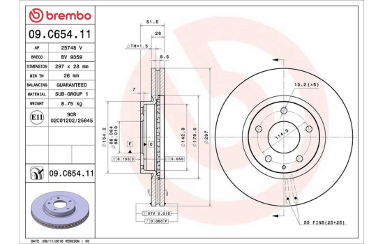 Disque de frein COATED DISC LINE 09.C654.11 Brembo