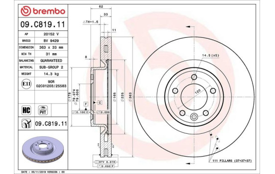 Disque de frein COATED DISC LINE 09.C819.11 Brembo