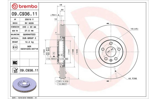 Disque de frein COATED DISC LINE 09.C936.11 Brembo