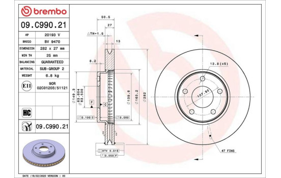 Disque de frein COATED DISC LINE 09.C990.21 Brembo, Image 2