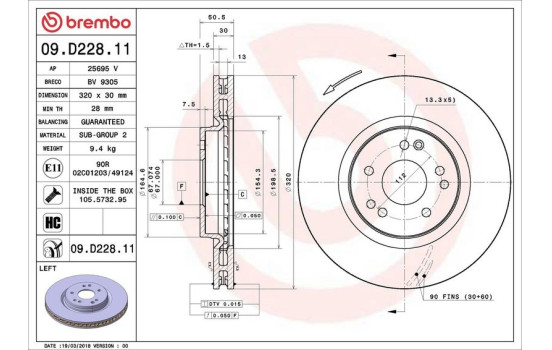 Disque de frein COATED DISC LINE 09.D228.11 Brembo, Image 2
