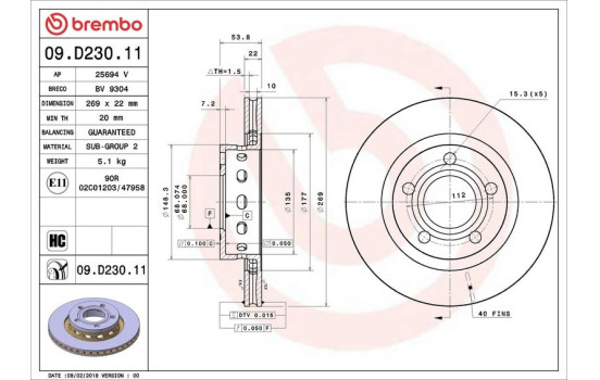 Disque de frein COATED DISC LINE 09.D230.11 Brembo, Image 2