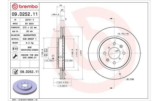 Disque de frein COATED DISC LINE 09.D252.11 Brembo, Image 2