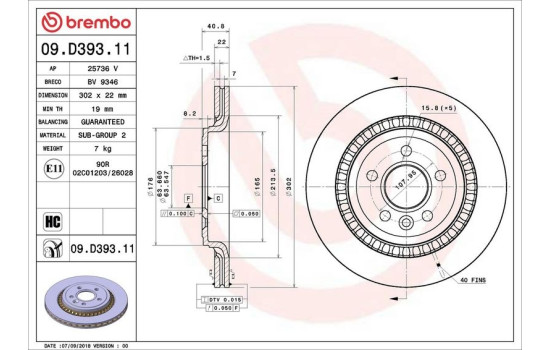 Disque de frein COATED DISC LINE 09.D393.11 Brembo, Image 2