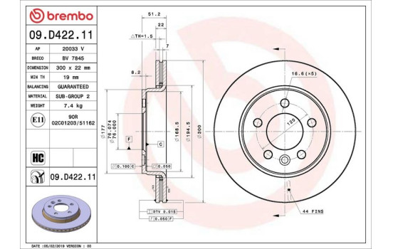Disque de frein COATED DISC LINE 09.D422.11 Brembo, Image 2