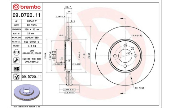 Disque de frein COATED DISC LINE 09.D720.11 Brembo, Image 2