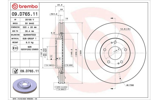 Disque de frein COATED DISC LINE 09.D765.11 Brembo, Image 2