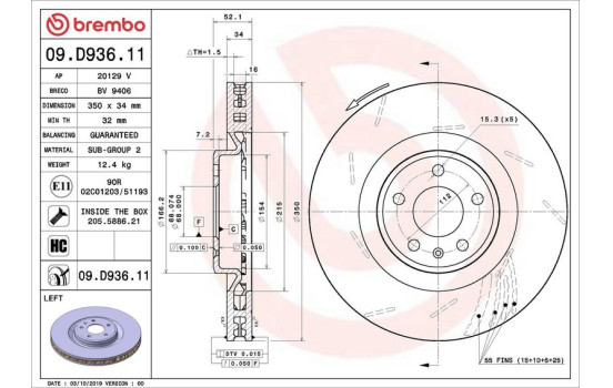Disque de frein COATED DISC LINE 09.D936.11 Brembo