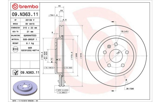 Disque de frein COATED DISC LINE 09.N363.11 Brembo, Image 2