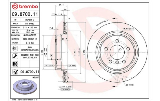 Disque de frein droit 09.8700.11 Brembo, Image 2