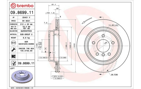 Disque de frein gauche 09.8699.11 Brembo, Image 2