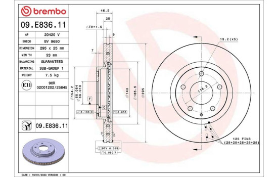 Disque de frein PRIME LINE - Revêtement UV 09.E836.11 Brembo, Image 2