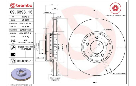 Disque de frein TWO-PIECE DISCS LINE 09.C393.13 Brembo, Image 2