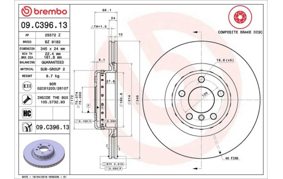 Disque de frein TWO-PIECE DISCS LINE 09.C396.13 Brembo, Image 2