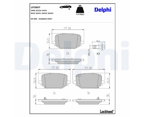 Jeu de plaquettes de frein, frein à disque LP3697 Delphi