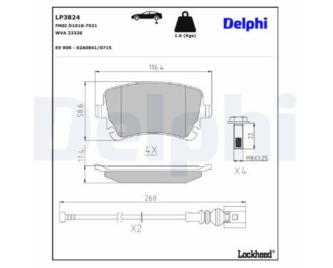Jeu de plaquettes de frein, frein à disque LP3824 Delphi