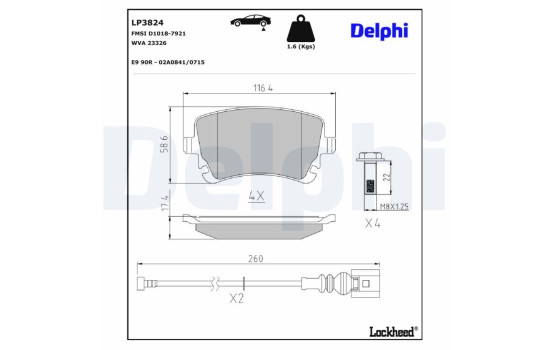 Jeu de plaquettes de frein, frein à disque LP3824 Delphi