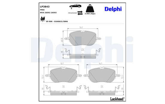 Jeu de plaquettes de frein, frein à disque LP3843 Delphi