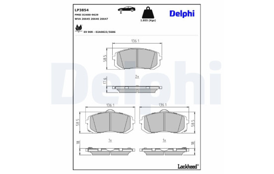 Jeu de plaquettes de frein, frein à disque LP3854 Delphi, Image 3
