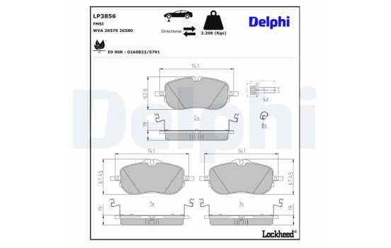 Jeu de plaquettes de frein, frein à disque LP3856 Delphi