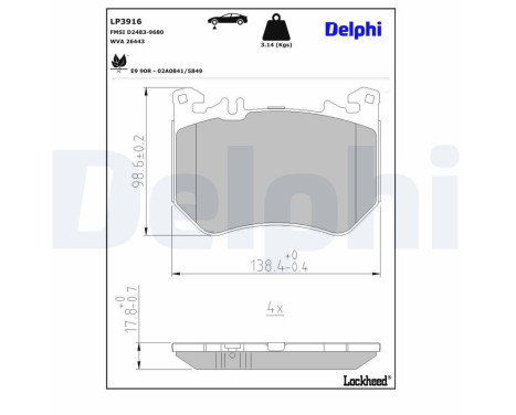 Jeu de plaquettes de frein, frein à disque LP3916 Delphi