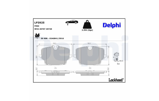 Jeu de plaquettes de frein, frein à disque LP3925 Delphi, Image 4
