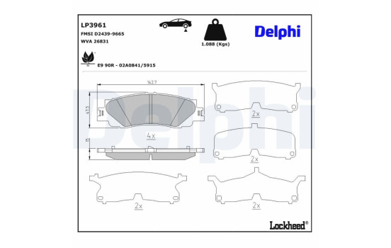 Jeu de plaquettes de frein, frein à disque LP3961 Delphi
