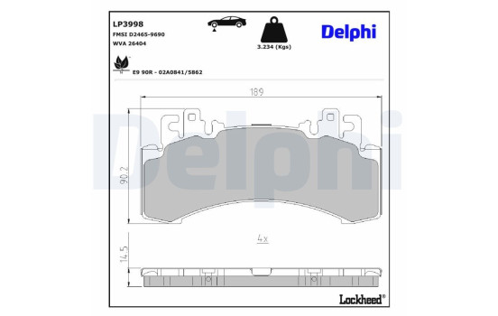Jeu de plaquettes de frein, frein à disque LP3998 Delphi