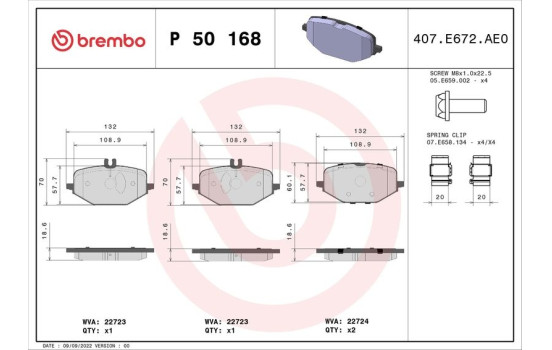 Jeu de plaquettes de frein, frein à disque P 50 168 Brembo